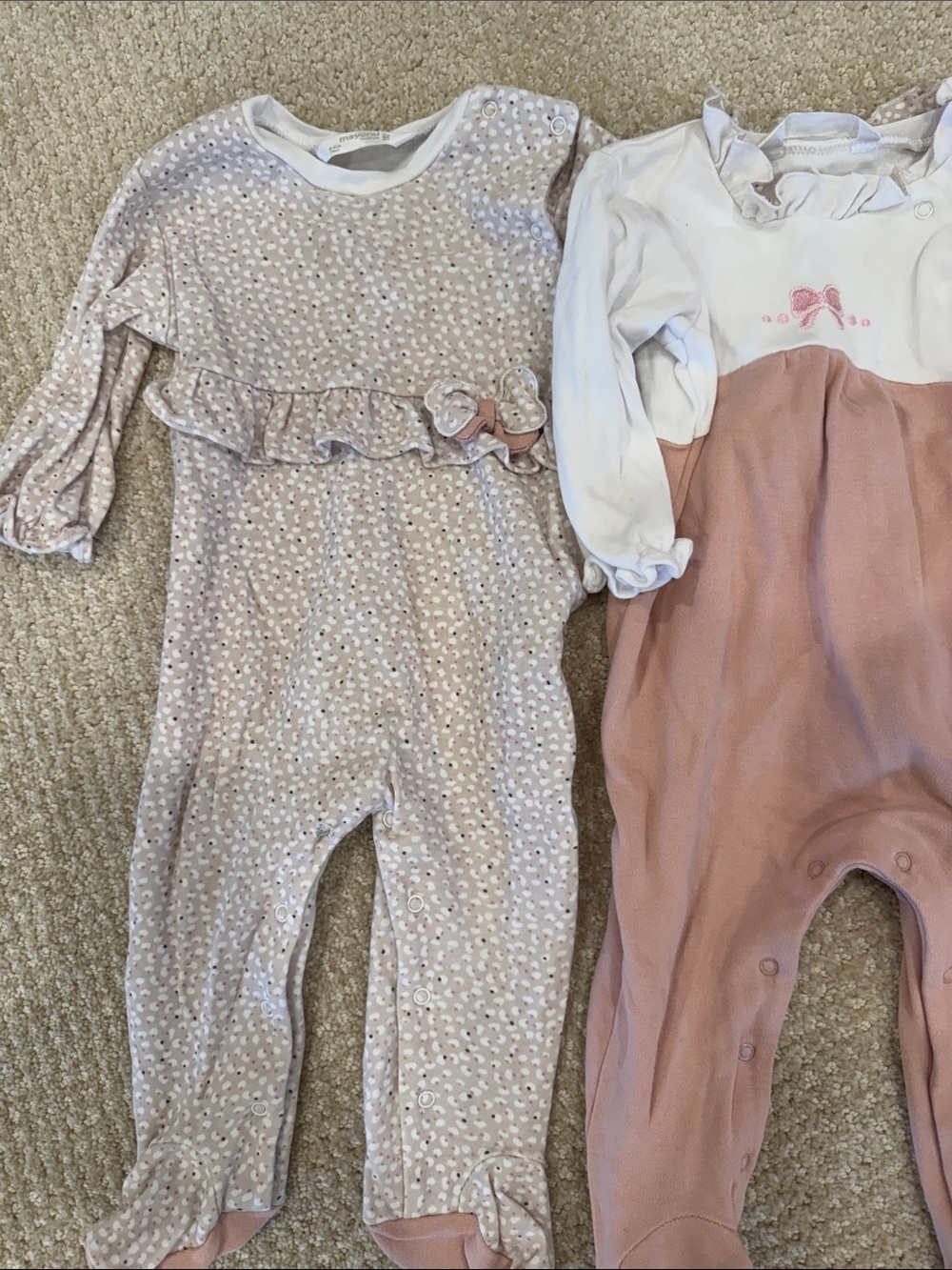 4 outfits— Mayoral Pink Floral Ruffle One-Piece Baby Romper Set